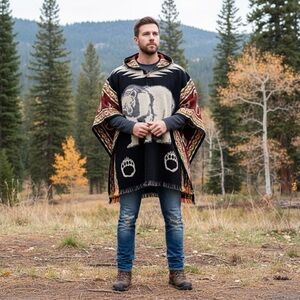 Grizzly bear adult size alpaca poncho, one size, unisex, hooded alpaca cape